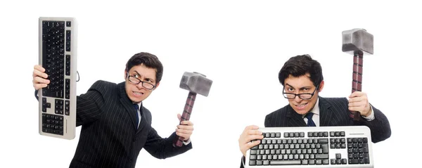 Young employee with keyboard isolated on white — Stock Photo, Image