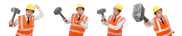 Construction worker with hammer isolated on white — Stock Photo, Image