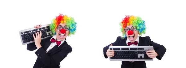 Rolig clown med tangentbord på vitt — Stockfoto