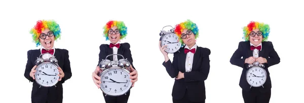 Clown divertente con orologio su bianco — Foto Stock