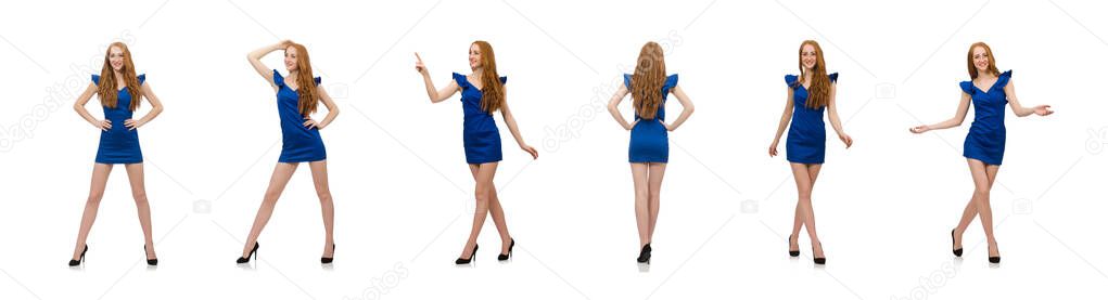 Beautiful lady in dark blue dress isolated on white