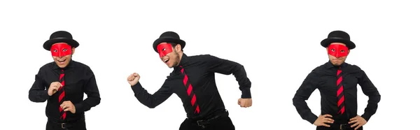Hombre joven con máscara roja aislado en blanco — Foto de Stock