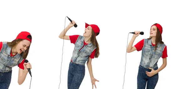 Mooi meisje zingt karaoke geïsoleerd op wit — Stockfoto