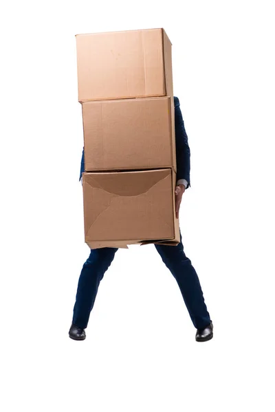 Young male employee with boxes isolated on white — Stock Photo, Image