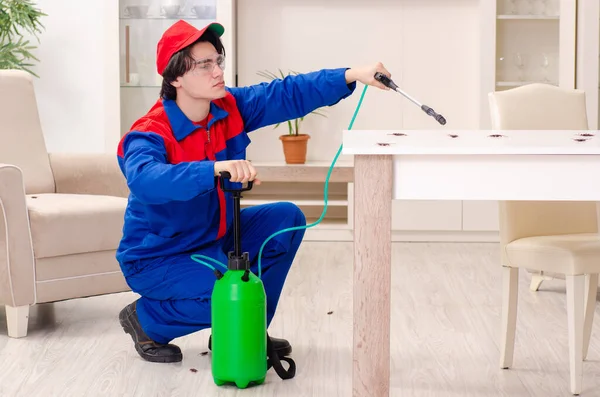 Joven contratista haciendo control de plagas en casa — Foto de Stock