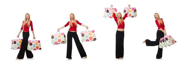 Jeune femme en pantalon évasé isolé sur blanc — Photo