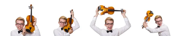 Giovane violinista divertente isolato su bianco — Foto Stock