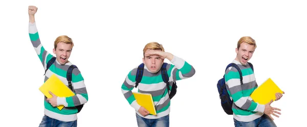 Estudiante divertido con libros aislados en blanco — Foto de Stock