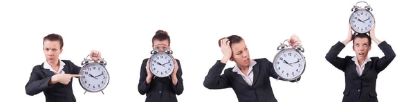 Mujer con reloj gigante en blanco — Foto de Stock