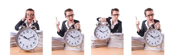 Woman businesswoman with giant alarm clock — Stock Photo, Image