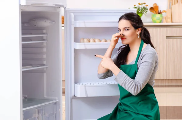 Giovane donna pulizia frigorifero nel concetto di igiene — Foto Stock