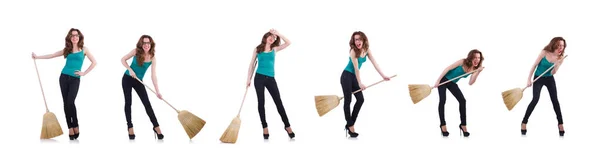 Young woman with broom isolated on white — Stock Photo, Image