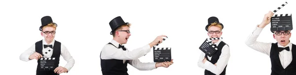 Gracioso hombre con película clapper clapboard — Foto de Stock