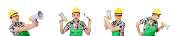 Funny construction worker with loudspeaker on white — Stock Photo, Image