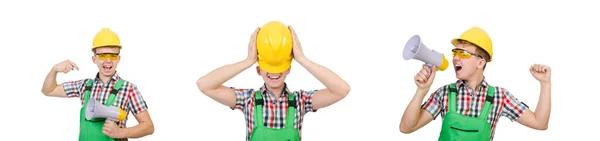 Rolig byggarbetare med högtalare på vitt — Stockfoto