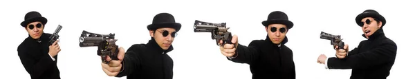 Молодий чоловік з пістолетом ізольований на білому — стокове фото