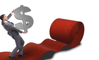 Kırmızı halıda doları olan bir işadamı - beyaz arka plan izole edildi