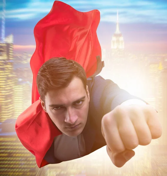 Latający super bohater nad miastem — Zdjęcie stockowe