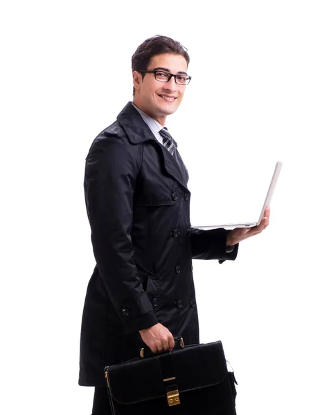 Der junge Geschäftsmann mit Laptop isoliert auf weißem Hintergrund — Stockfoto
