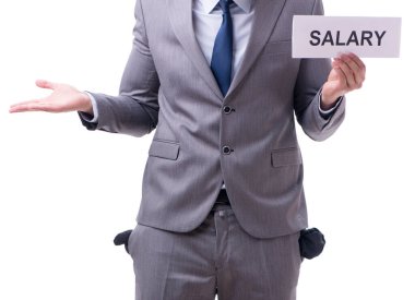 İşadamı maaş zammı istiyor. Beyaz sırtından izole edilmiş.