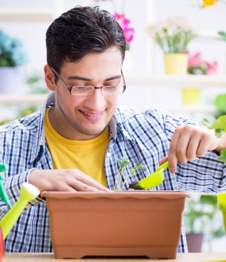 Bahçıvan çiçekçide çalışıyor. Çiçekçide çalışıyor.