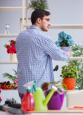 Çiçekçide çalışan genç bir adam.