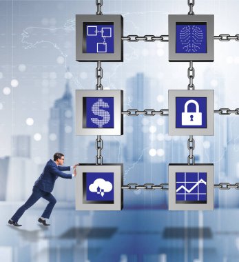 Engelleme zinciri kripto para birimi kavramında iş adamı