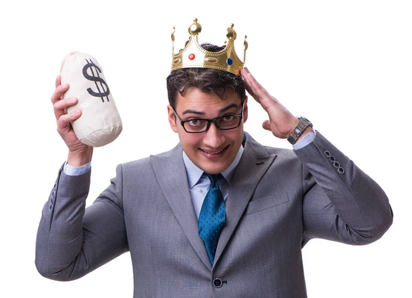 Rei empresário segurando saco de dinheiro isolado no fundo branco — Fotografia de Stock