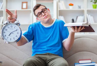 Sınavlara hazırlanan genç öğrenci kanepede ders çalışıyor.