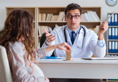 Hamile kadın muayene için doktoru ziyaret ediyor.