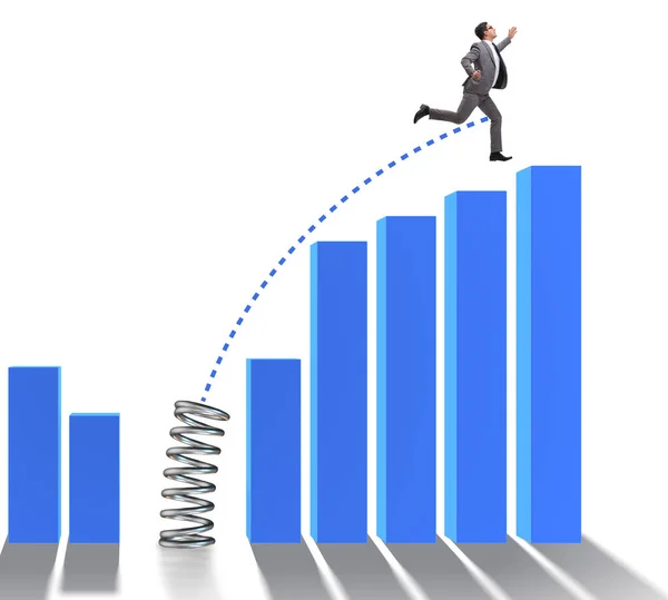 Business people jumping over bar charts — Stock Photo, Image