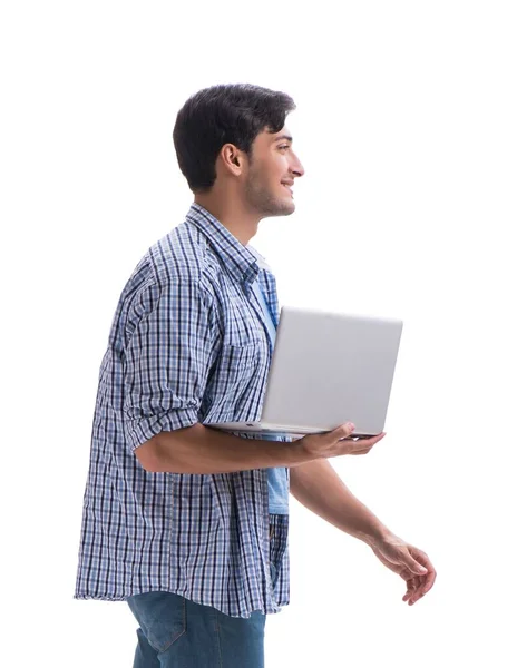 Giovane studente con computer portatile isolato su bianco — Foto Stock