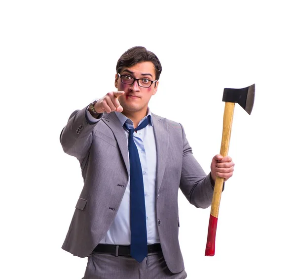 Hombre de negocios enojado con hacha aislada en blanco — Foto de Stock