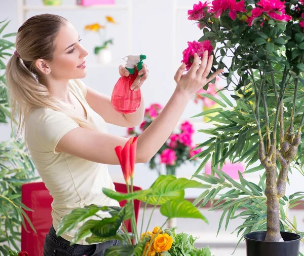 Mujer joven regando plantas en su jardín —  Fotos de Stock