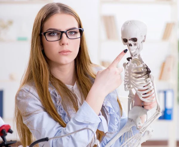 Estudiante sentado en el aula y estudiando esqueleto — Foto de Stock
