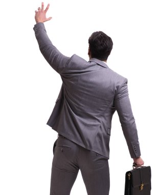 İşadamı beyaz üzerine izole edilmiş sanal engeli tırmanıyor