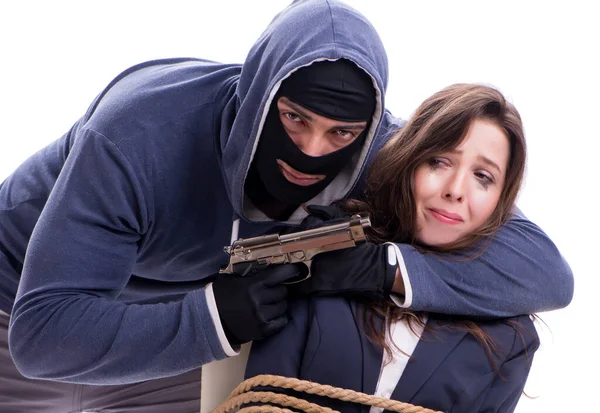 Kidnapper with tied woman isolated on white — Stock Photo, Image