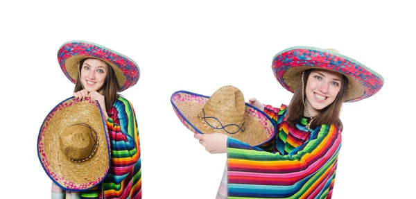 백인에게 고립 된 생생 한 판쵸를 입은 멕시코 여자 — 스톡 사진