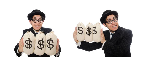 Young employee holding money bags isolated on white — Stock Photo, Image