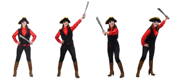 Kvinnlig pirat håller svärdet isolerat på vitt — Stockfoto