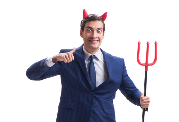 Evil devil businessman with pitchfork isolated on white backgrou — Stock Photo, Image