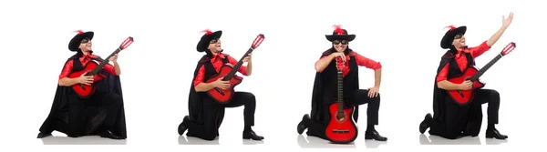 Jovem de casaco de carnaval com guitarra isolada em branco — Fotografia de Stock