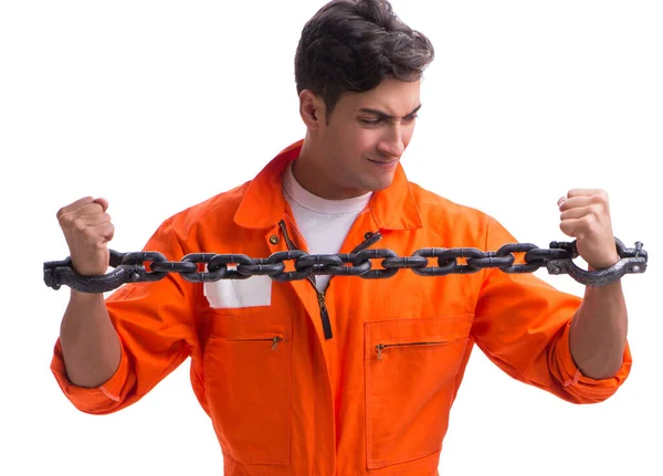 Vězeň s rukama spoutanýma řetězy na bílém pozadí — Stock fotografie