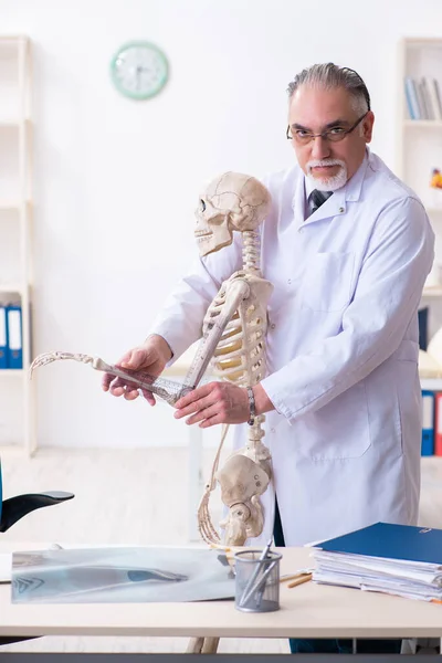 Starzejący się lekarz ze szkieletem — Zdjęcie stockowe