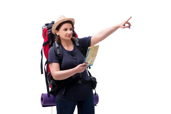 Turista feminino envelhecido isolado em branco — Fotografia de Stock