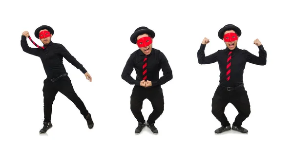 Ung man med röd mask isolerad på vitt — Stockfoto