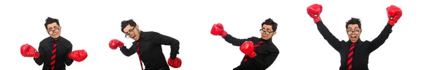 Mężczyzna biznesmen w czerwonych rękawiczkach bokserskich — Zdjęcie stockowe