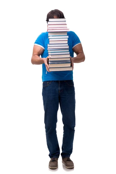 Estudante do sexo masculino com muitos livros isolados em branco — Fotografia de Stock