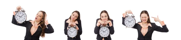 Señora de negocios con reloj despertador aislado en blanco — Foto de Stock