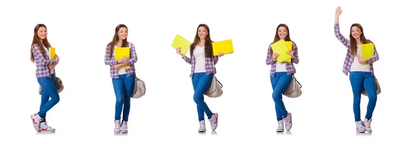 Giovane studente con libri isolati sul bianco — Foto Stock